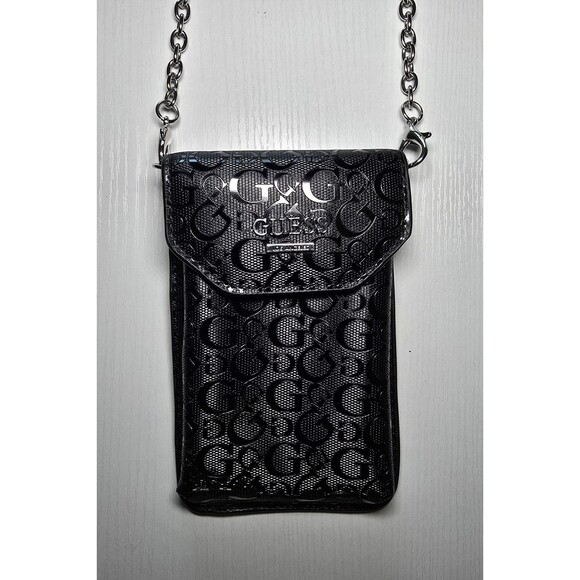 Guess Small Black Crossbody Phone Purse With Card Holder Silver Hardware - Picture 3 of 5